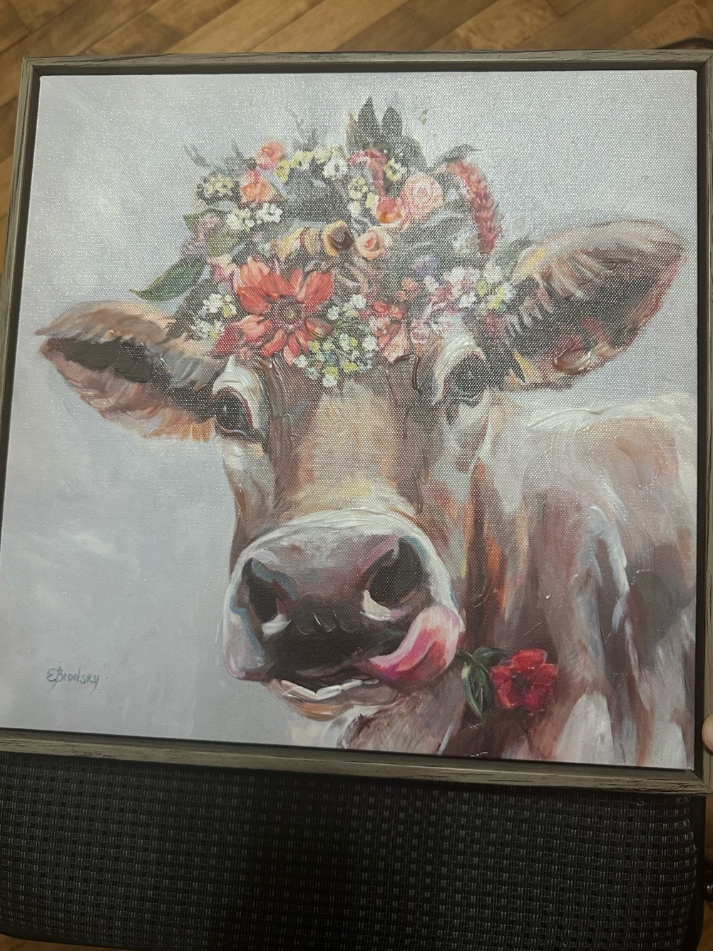 Floral Crown Cow Canvas Wall Art - Pink, White & Green
